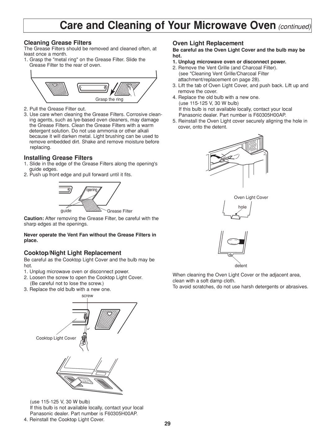 Panasonic NN-H264 Cleaning Grease Filters, Installing Grease Filters, Cooktop/Night Light Replacement 