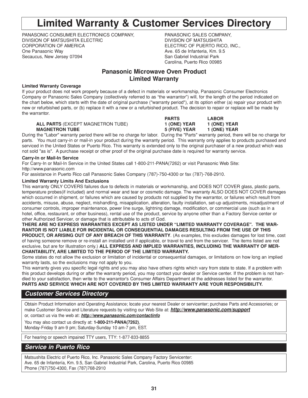 Panasonic NN-H264 Limited Warranty & Customer Services Directory, Panasonic Microwave Oven Product Limited Warranty 