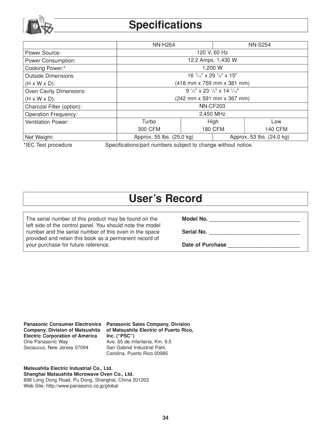 Panasonic NN-H264 important safety instructions Specifications, User’s Record, Model No, Serial No, Date of Purchase 