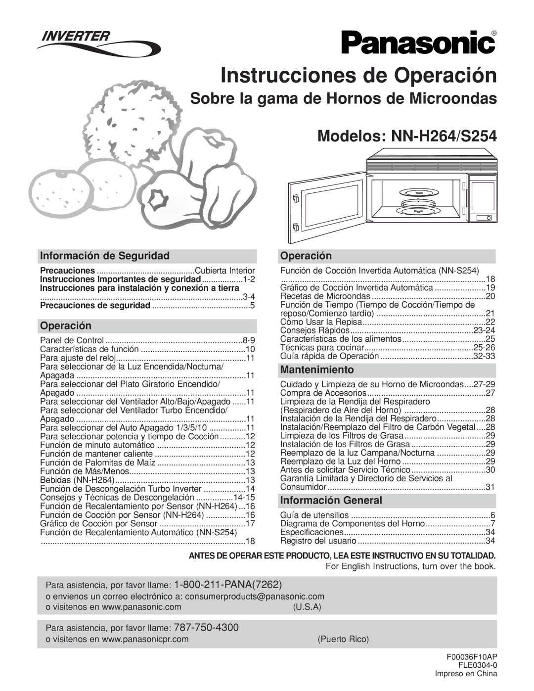 Panasonic NN-H264 important safety instructions Información de Seguridad, Operación, Mantenimiento, Información General 