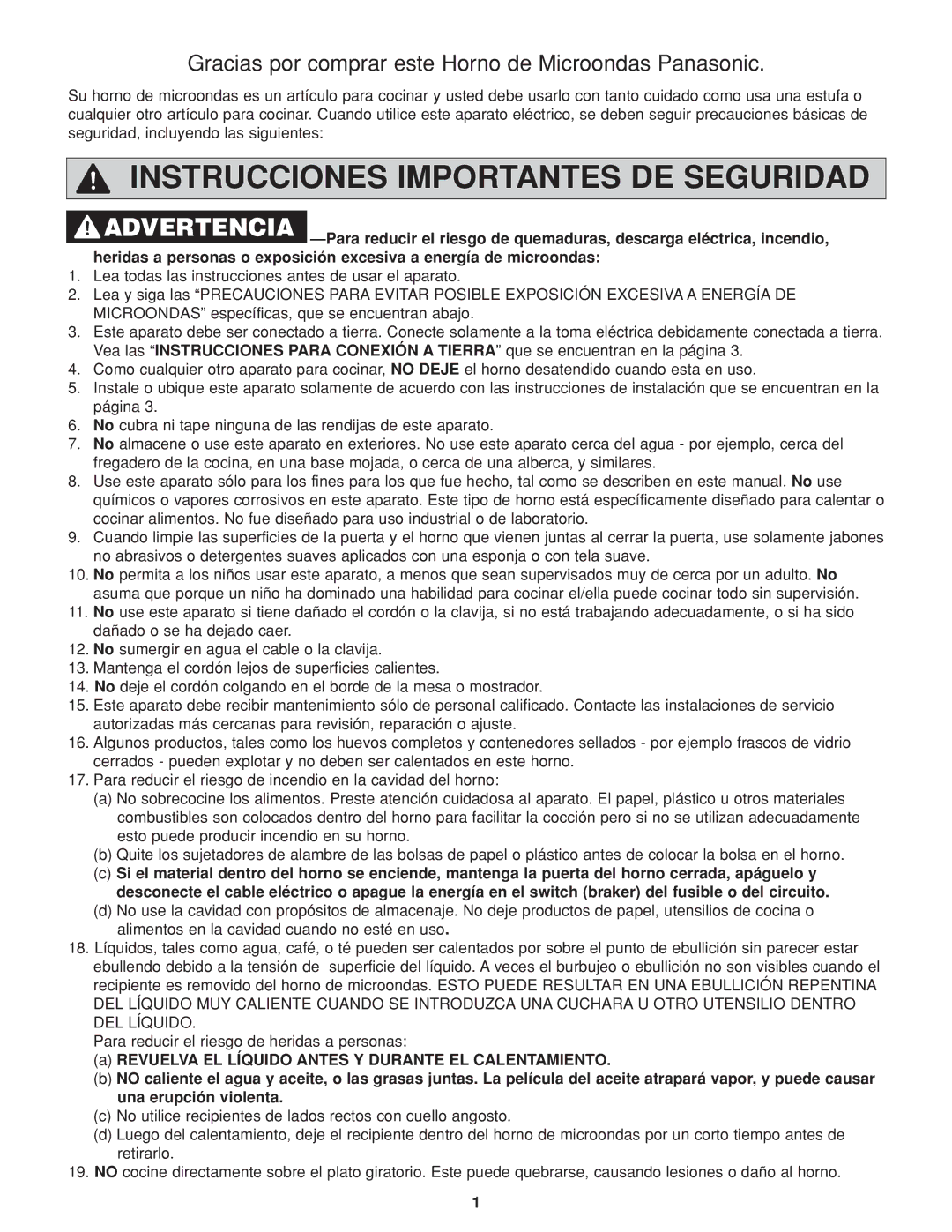 Panasonic NN-H264 important safety instructions Instrucciones Importantes DE Seguridad 