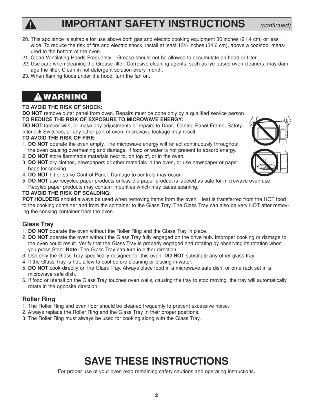 Panasonic NN-H264 important safety instructions Important Safety Instructions, Glass Tray, Roller Ring 