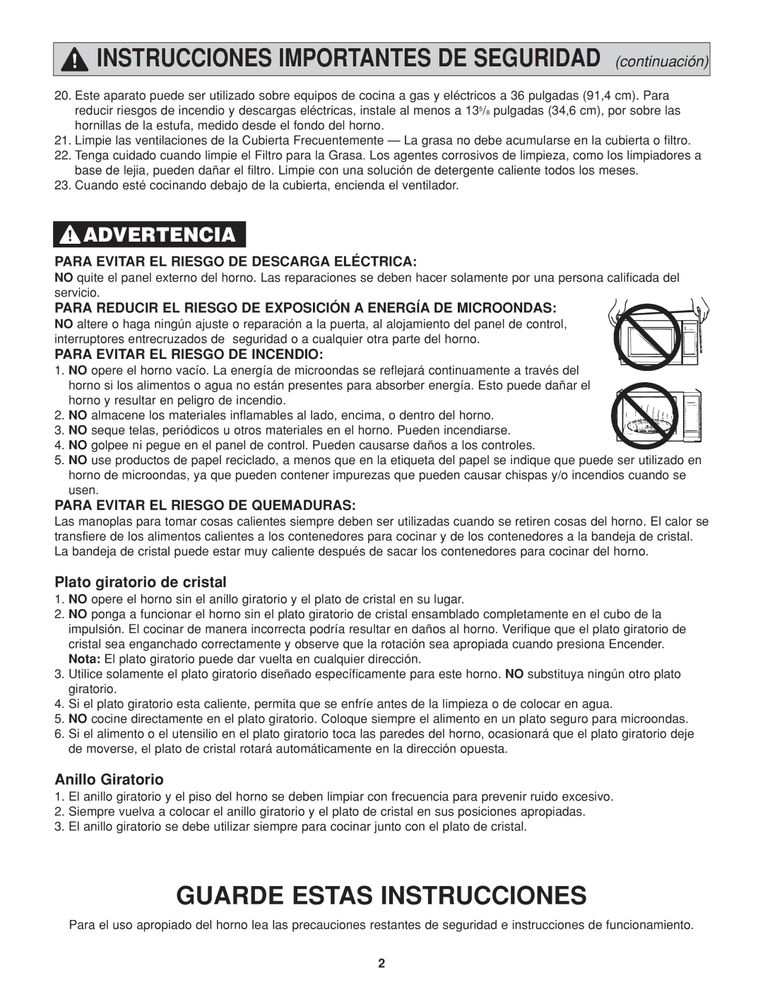 Panasonic NN-H264 important safety instructions Plato giratorio de cristal, Anillo Giratorio 