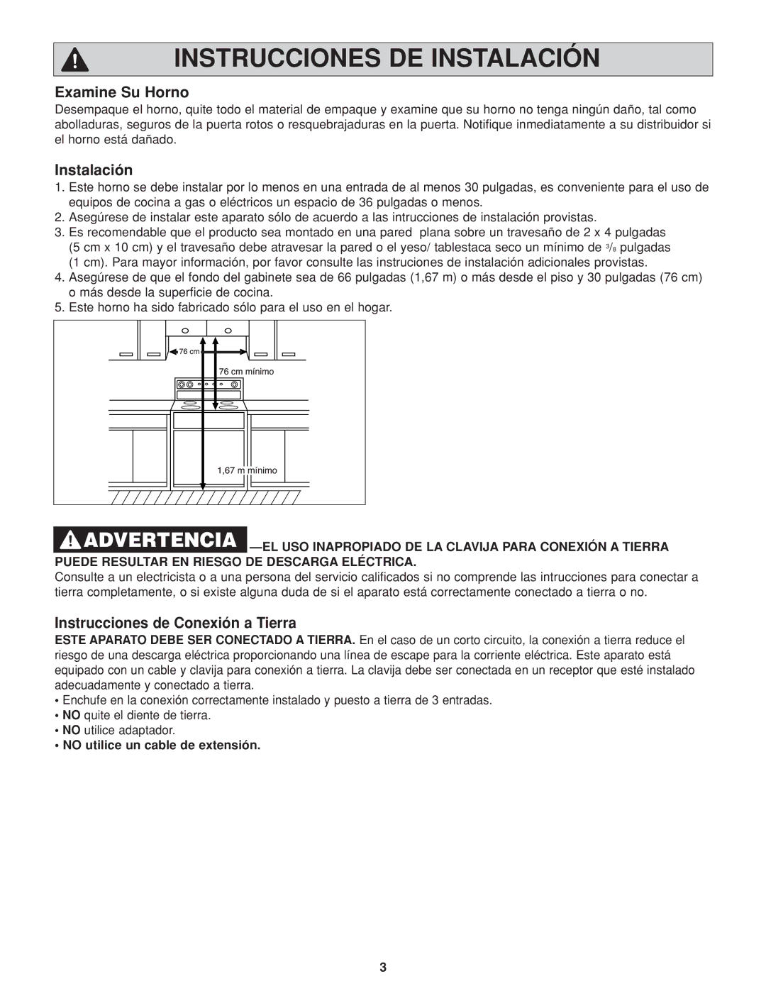 Panasonic NN-H264 Examine Su Horno, Instalación, Instrucciones de Conexión a Tierra, No utilice un cable de extensión 