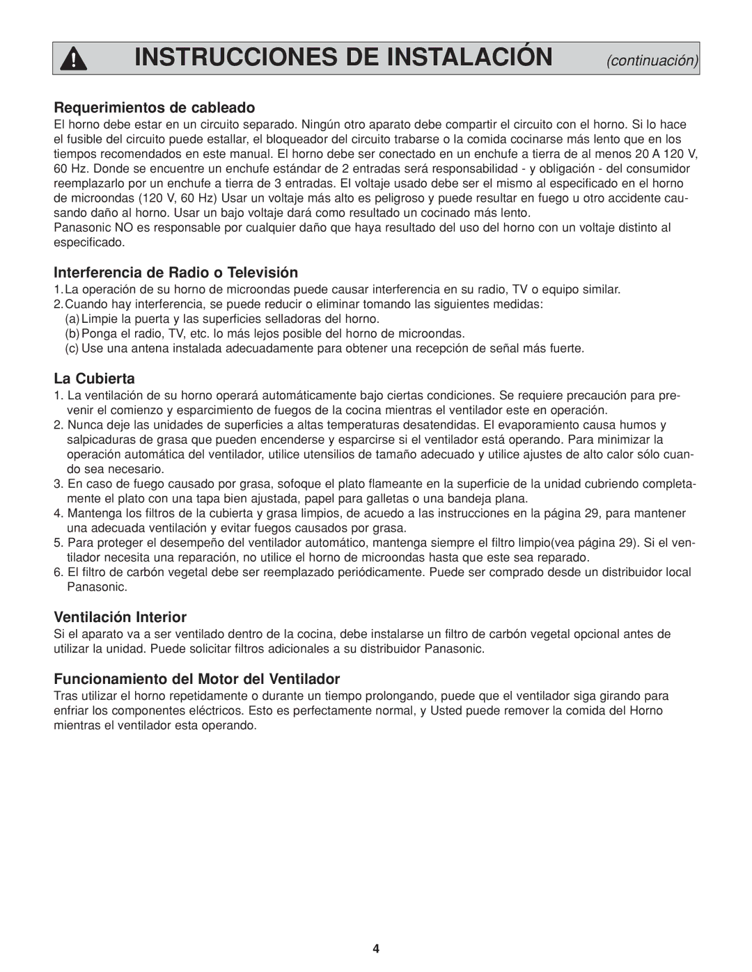 Panasonic NN-H264 Requerimientos de cableado, Interferencia de Radio o Televisión, La Cubierta, Ventilación Interior 