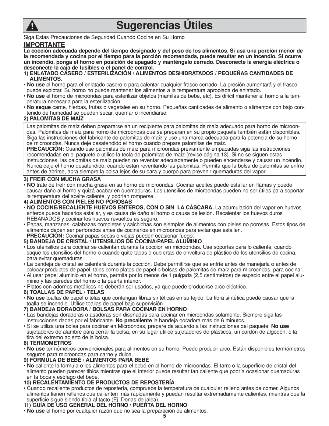 Panasonic NN-H264 important safety instructions Sugerencias Útiles, Importante 