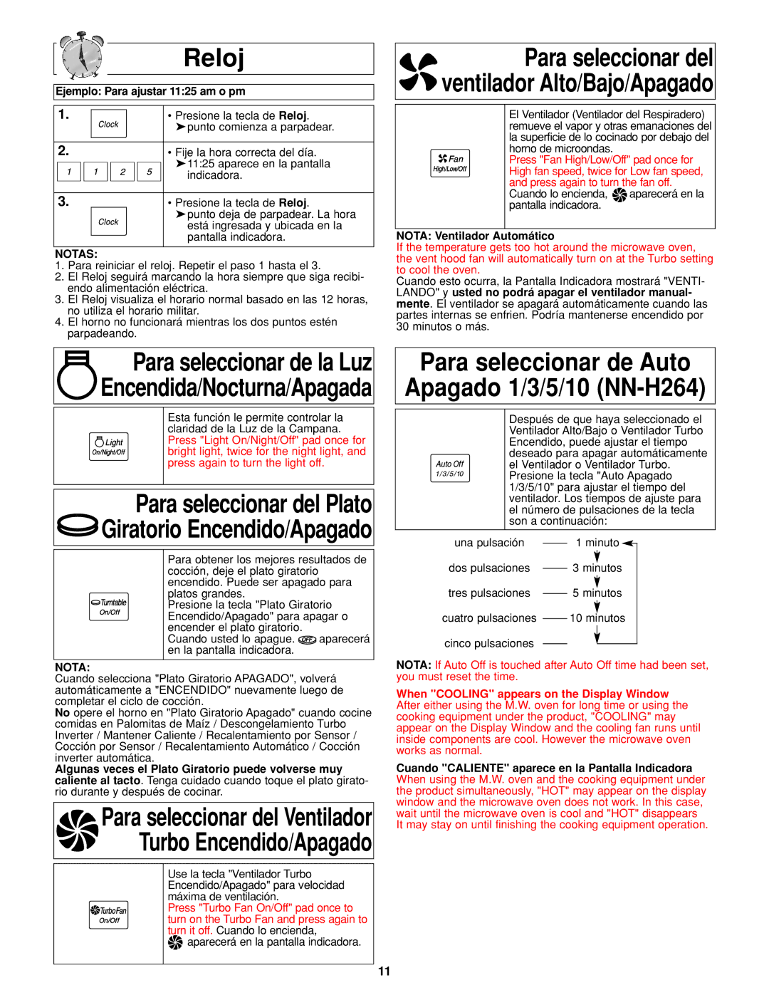 Panasonic important safety instructions Reloj, Para seleccionar de Auto Apagado 1/3/5/10 NN-H264, Notas 