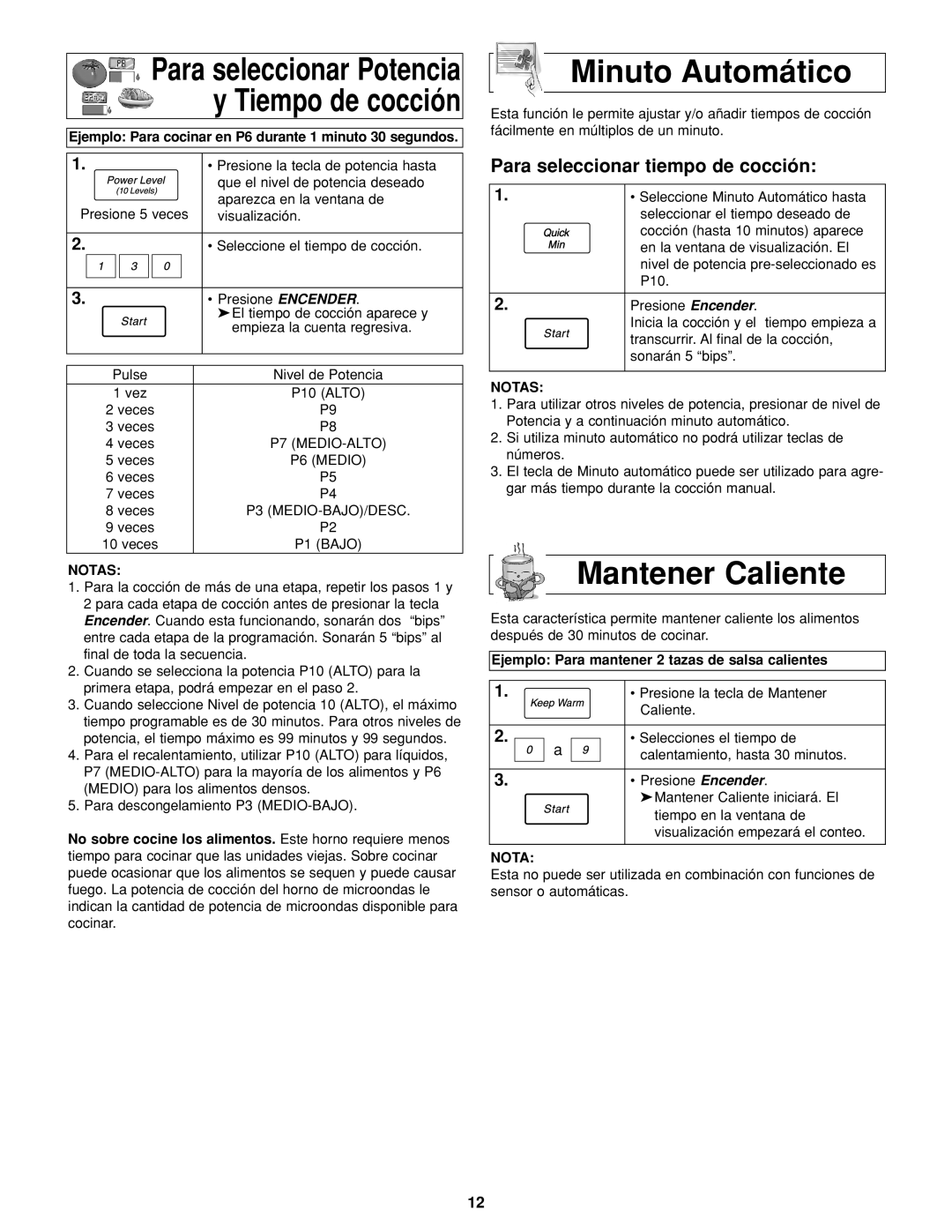 Panasonic NN-H264 important safety instructions Minuto Automático, Mantener Caliente, Para seleccionar tiempo de cocción 