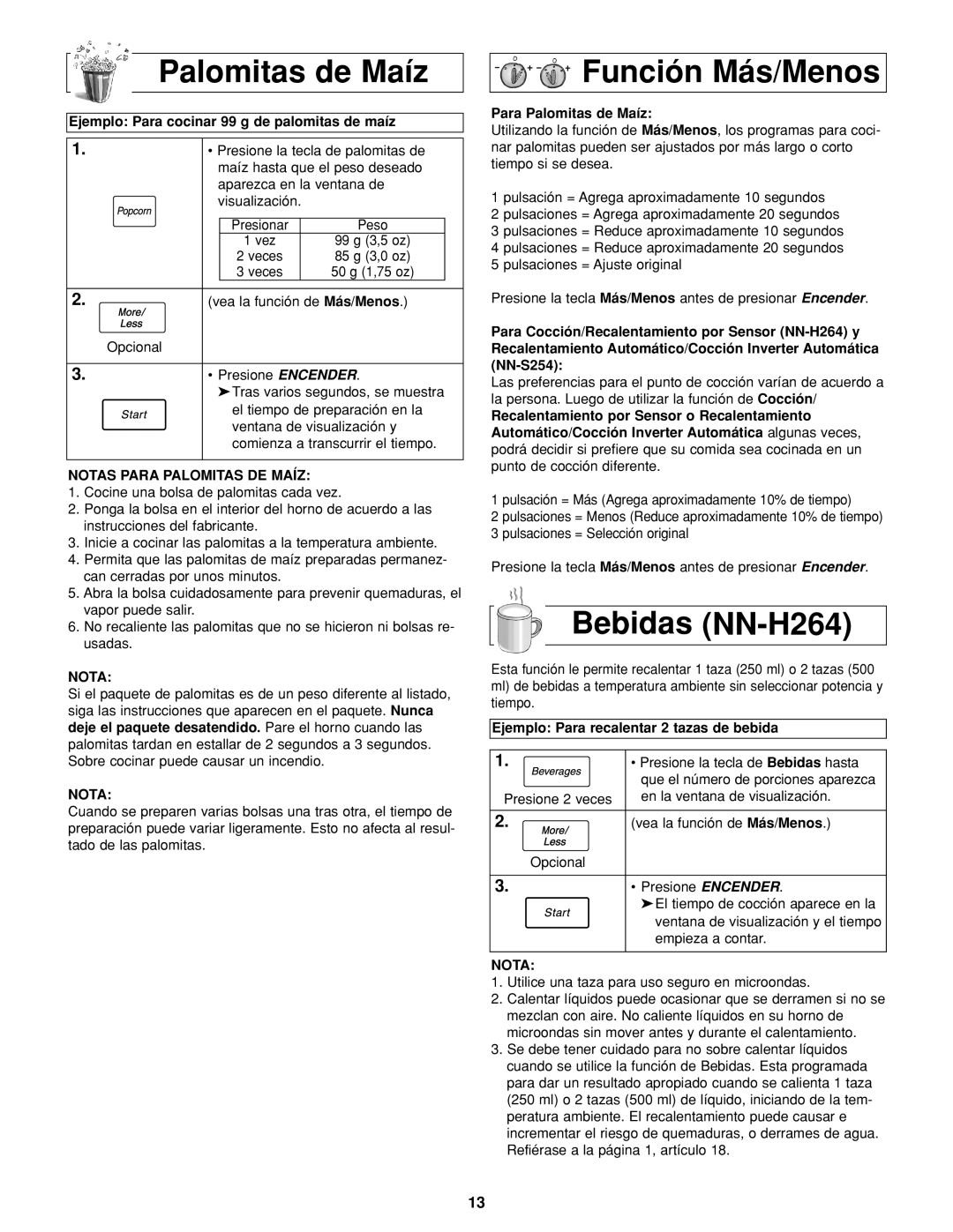 Panasonic Palomitas de Maíz, Función Más/Menos, Bebidas NN-H264, Notas Para Palomitas DE Maíz 