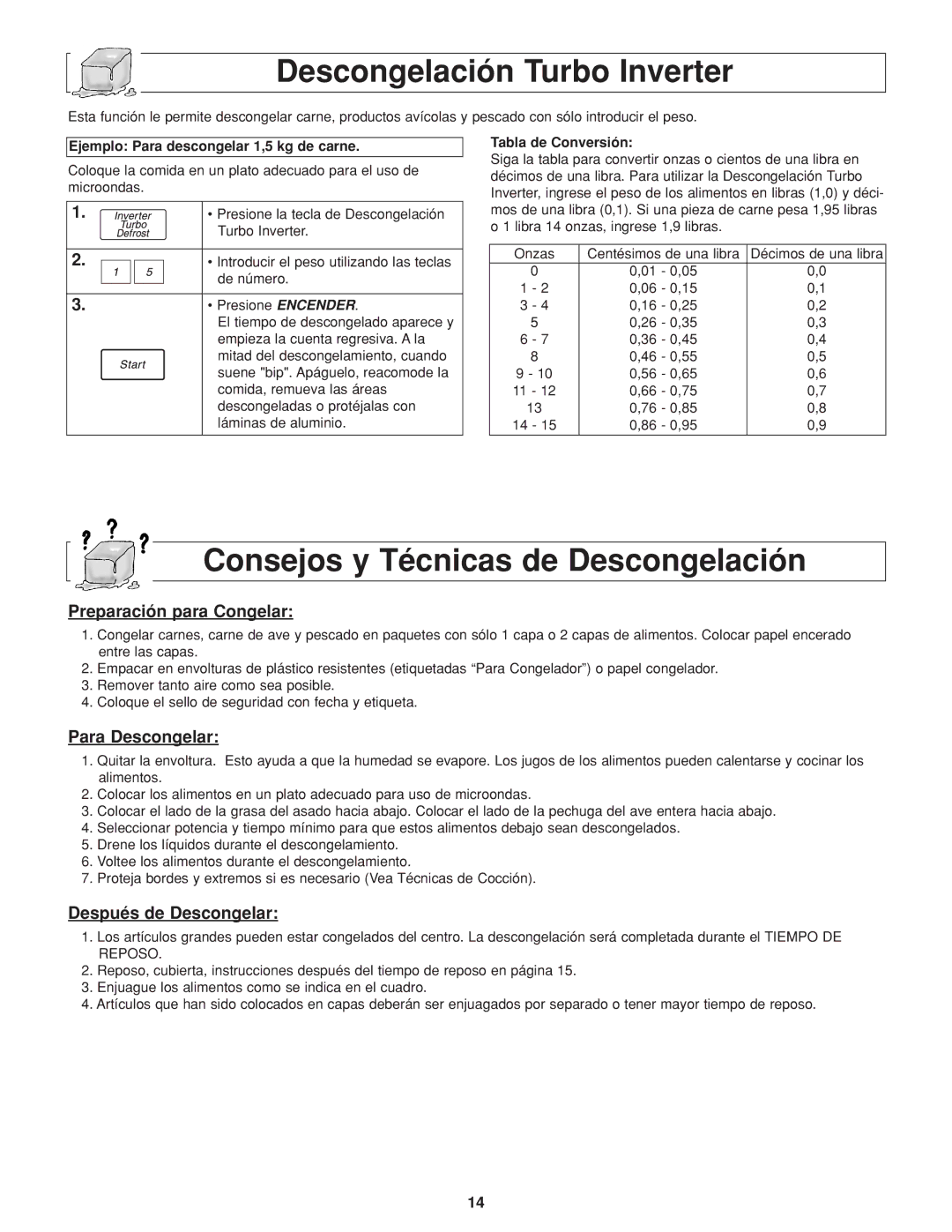 Panasonic NN-H264 Descongelación Turbo Inverter, Consejos y Técnicas de Descongelación, Preparación para Congelar 