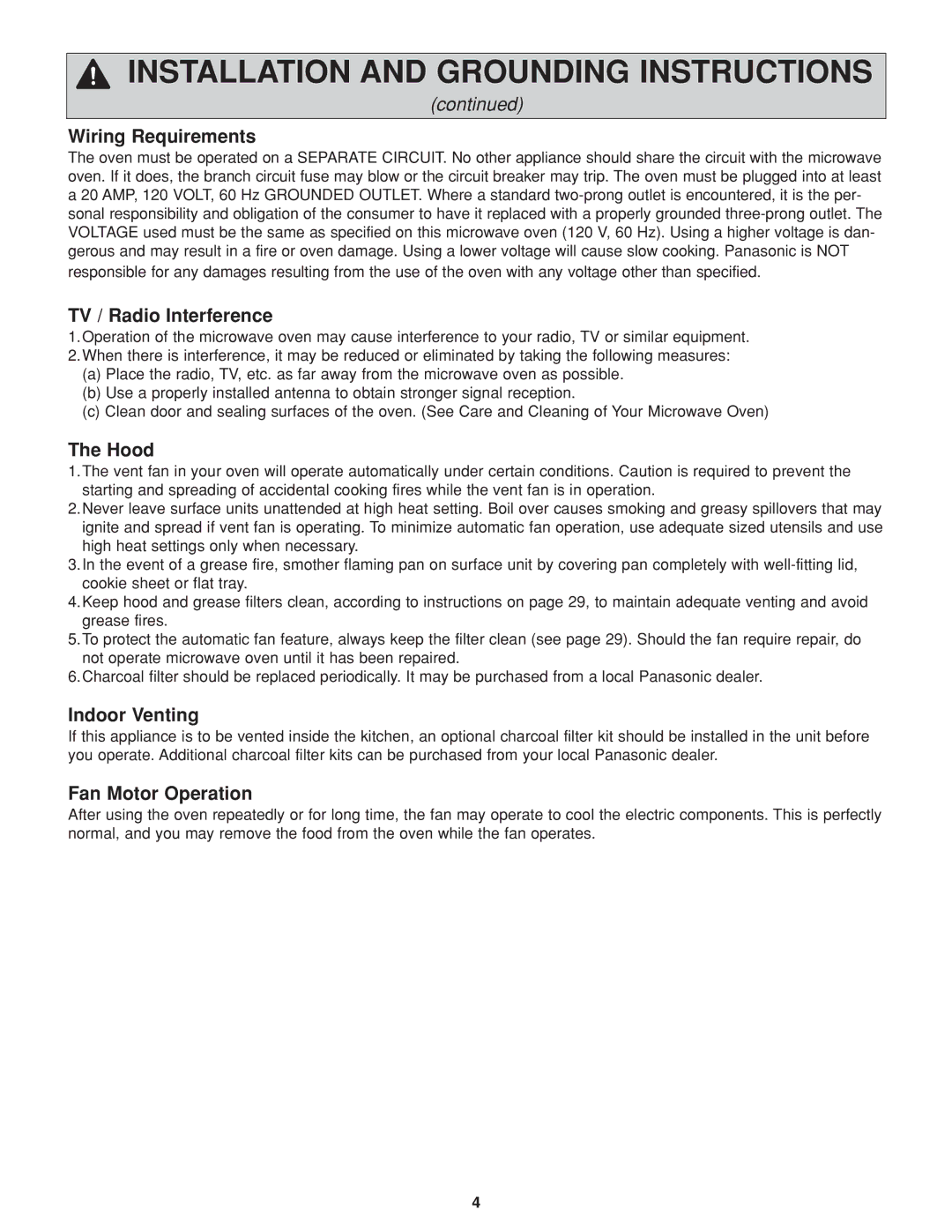 Panasonic NN-H264 Wiring Requirements, TV / Radio Interference, Hood, Indoor Venting, Fan Motor Operation 