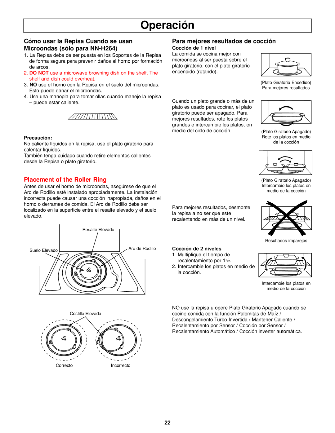 Panasonic NN-H264 Operación, Para mejores resultados de cocción, Cocción de 1 nivel, Precaución, Cocción de 2 niveles 