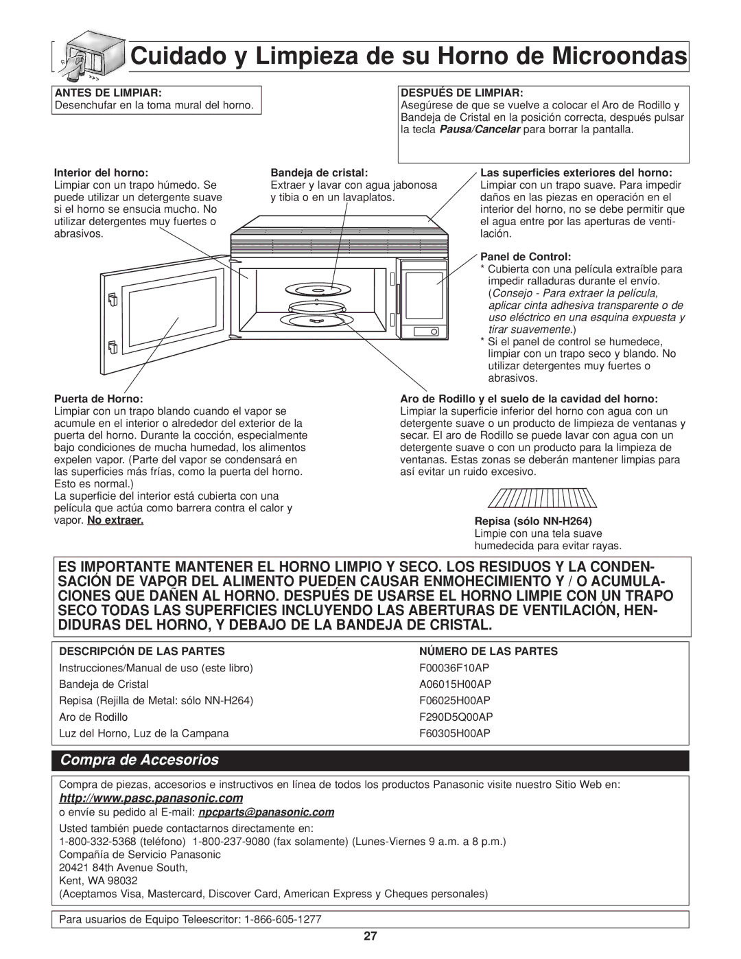 Panasonic NN-H264 Cuidado y Limpieza de su Horno de Microondas, Antes DE Limpiar, Después DE Limpiar 