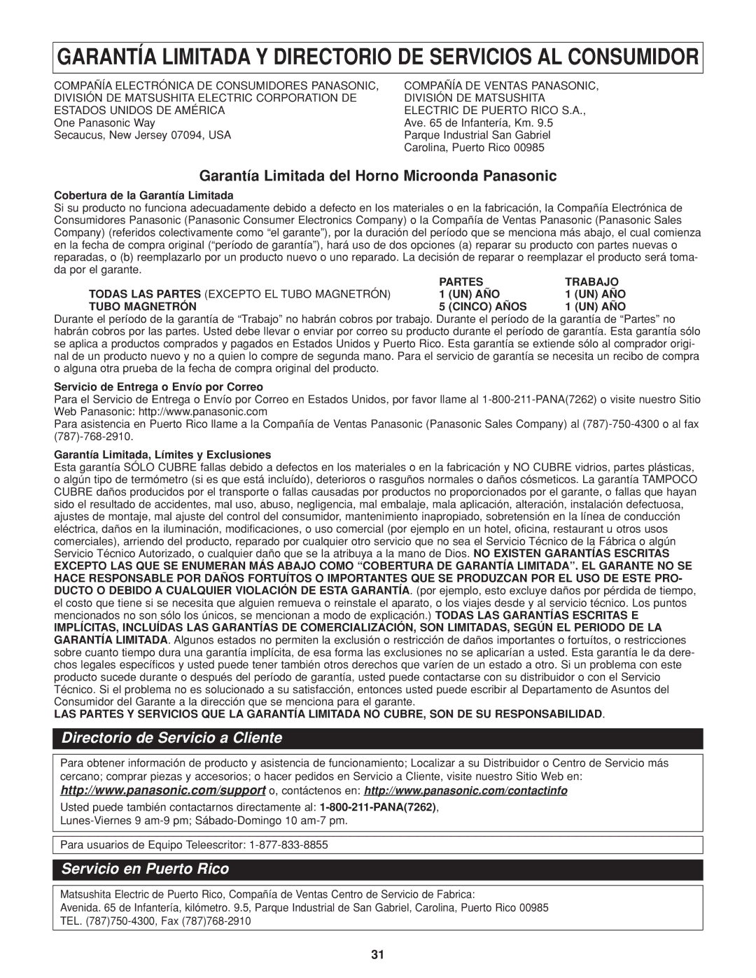 Panasonic NN-H264 important safety instructions Garantía Limitada del Horno Microonda Panasonic, Tubo Magnetrón Cinco Años 