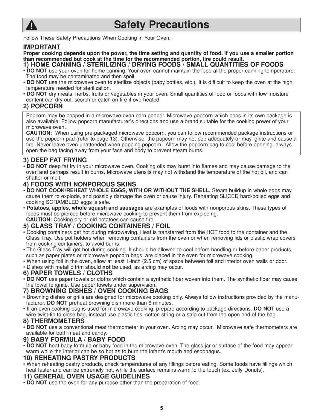 Panasonic NN-H264 important safety instructions Safety Precautions 