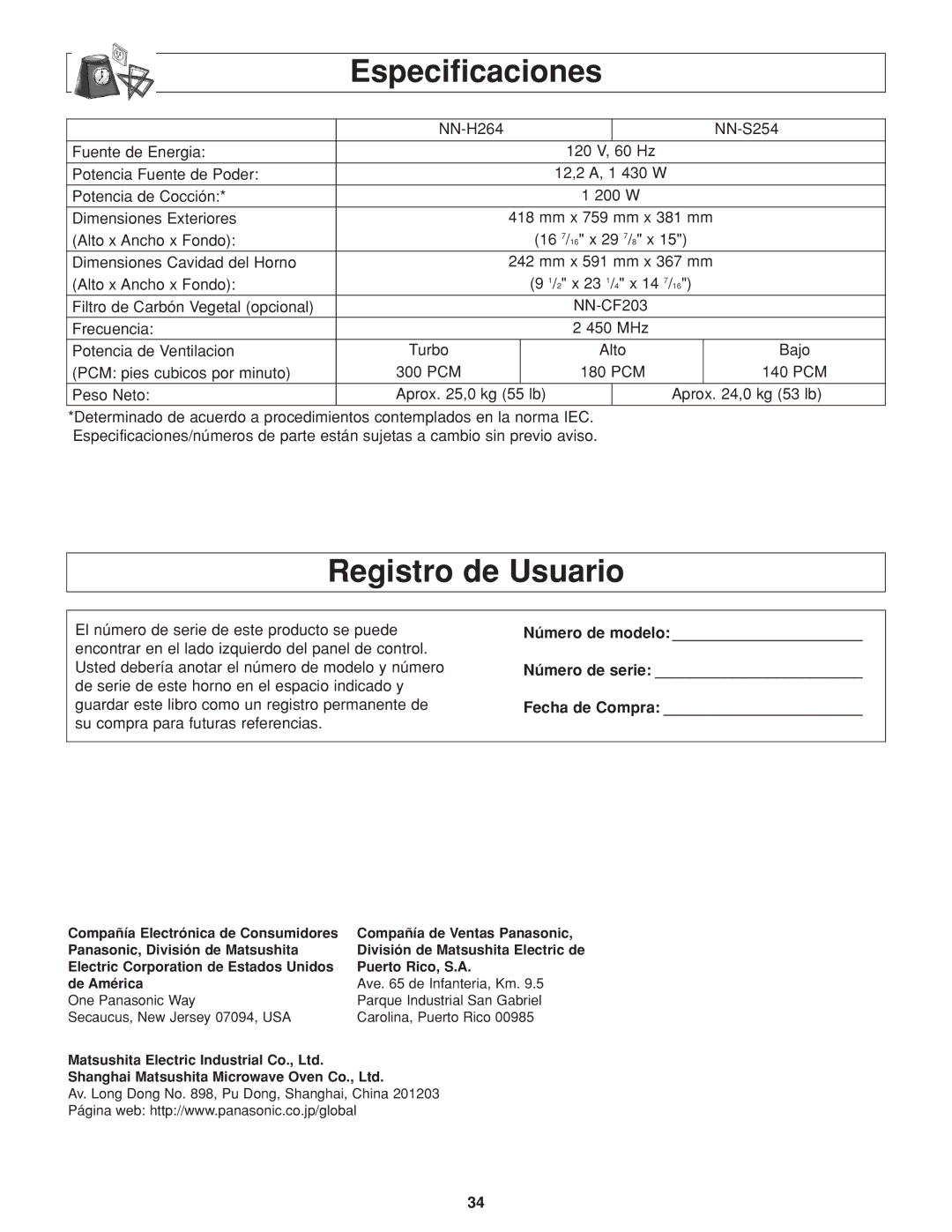 Panasonic NN-H264 Especificaciones, Registro de Usuario, Número de modelo Número de serie Fecha de Compra 