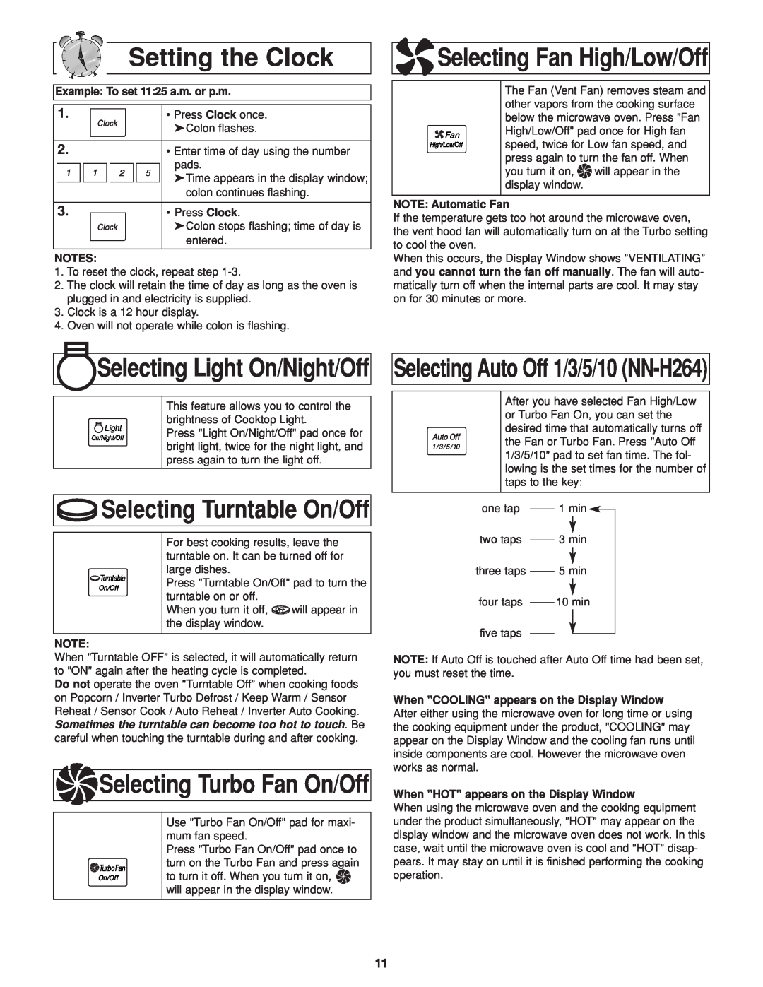 Panasonic NN-H264 Setting the Clock, Selecting Fan High/Low/Off, Selecting Turntable On/Off, Selecting Turbo Fan On/Off 