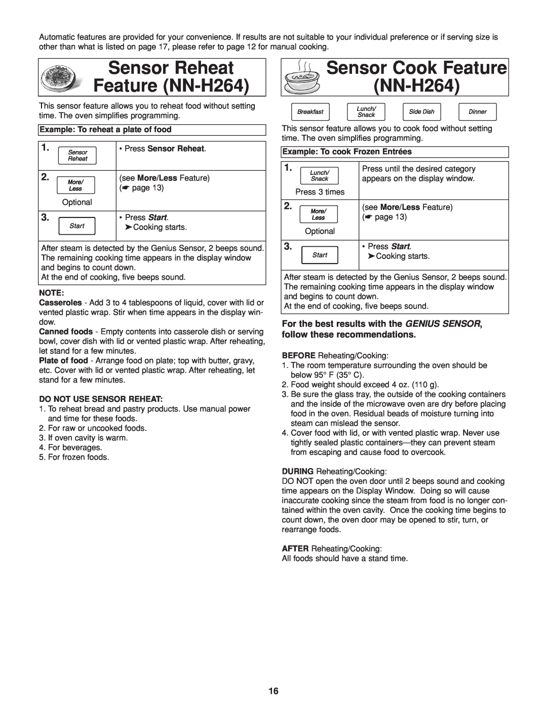 Panasonic important safety instructions Sensor Reheat Feature NN-H264, Sensor Cook Feature NN-H264 