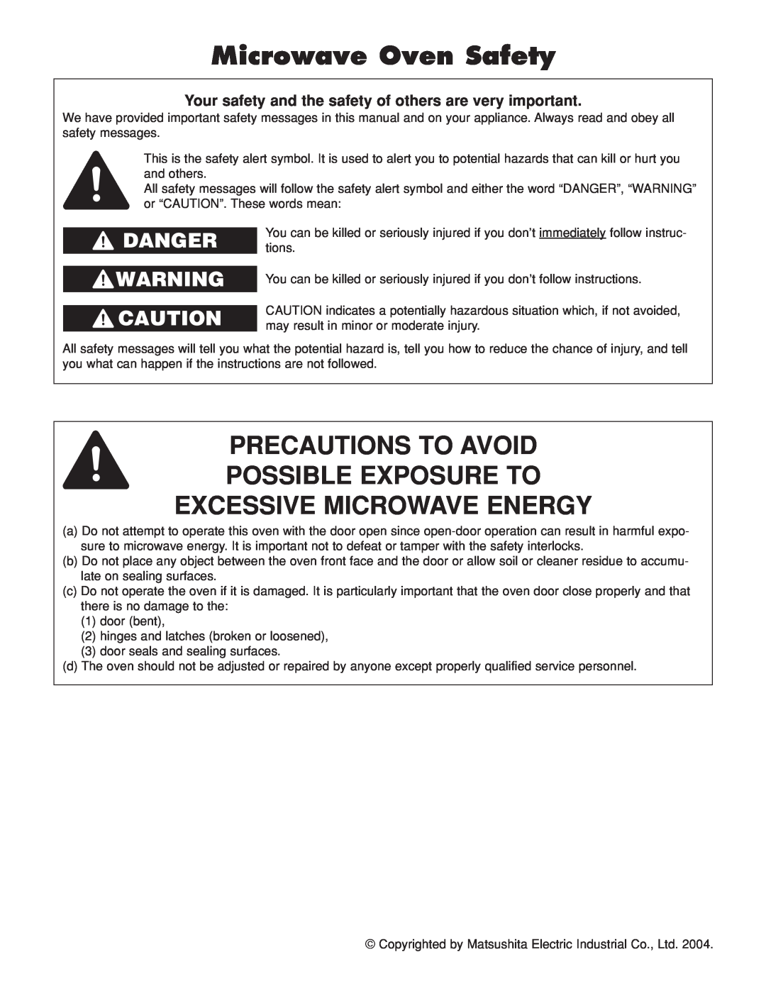 Panasonic NN-H264 Microwave Oven Safety, Precautions To Avoid Possible Exposure To, Excessive Microwave Energy, Danger 