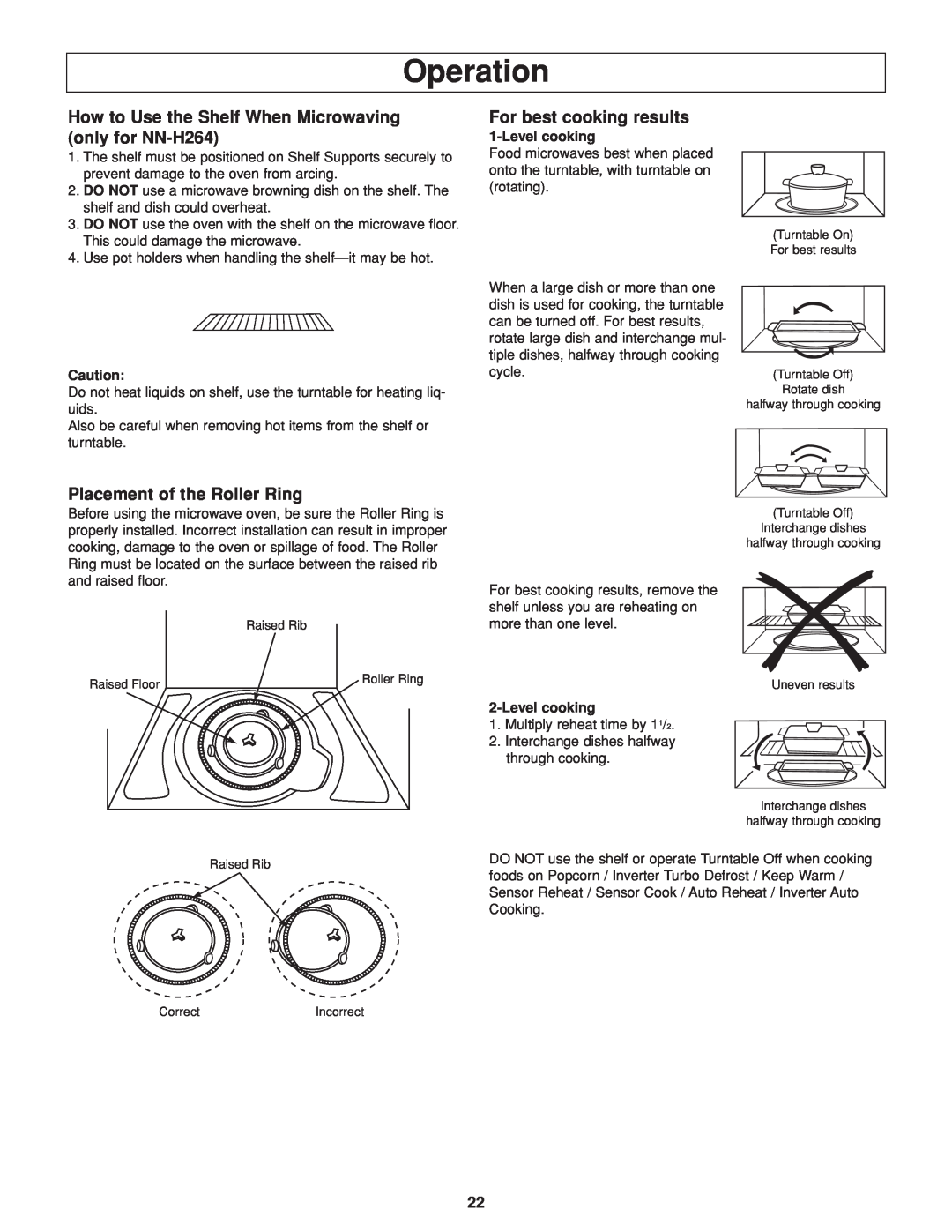Panasonic NN-H264 important safety instructions Operation, For best cooking results, Placement of the Roller Ring 