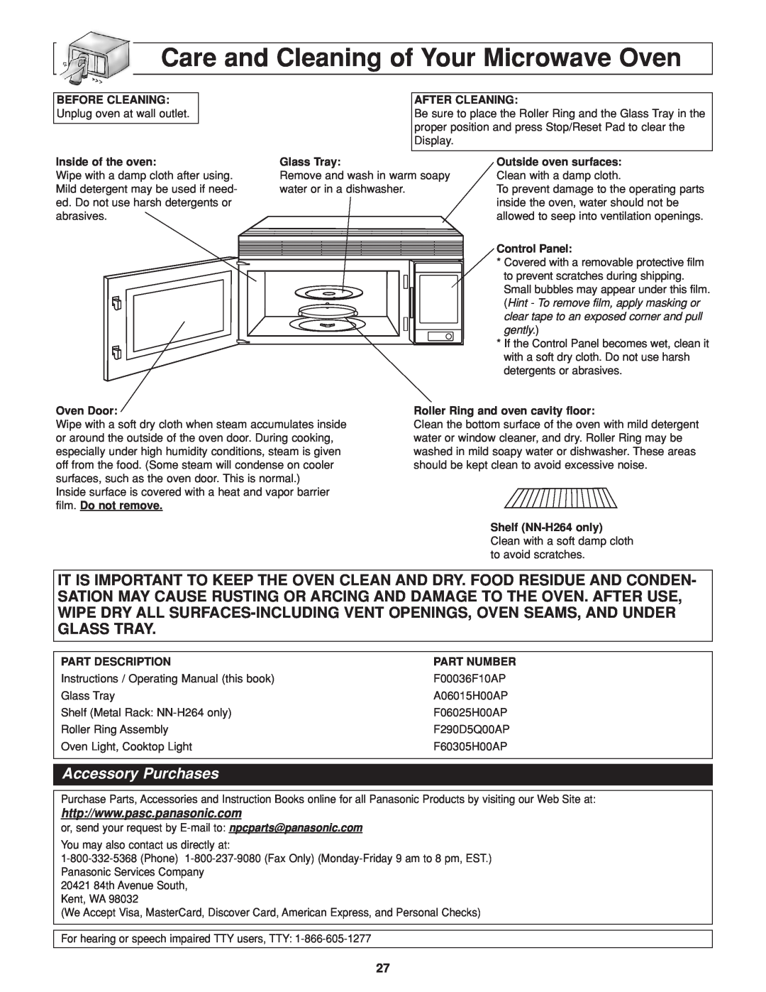 Panasonic NN-H264 important safety instructions Care and Cleaning of Your Microwave Oven, Accessory Purchases 