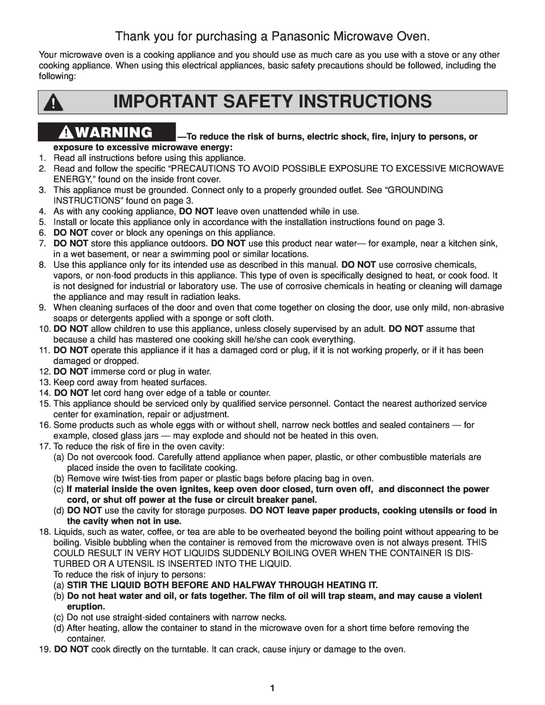 Panasonic NN-H264 important safety instructions Important Safety Instructions 