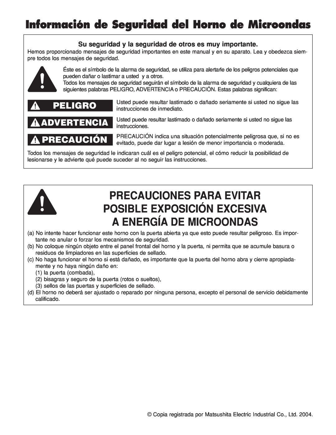Panasonic NN-H264 Información de Seguridad del Horno de Microondas, Precauciones Para Evitar, Posible Exposición Excesiva 