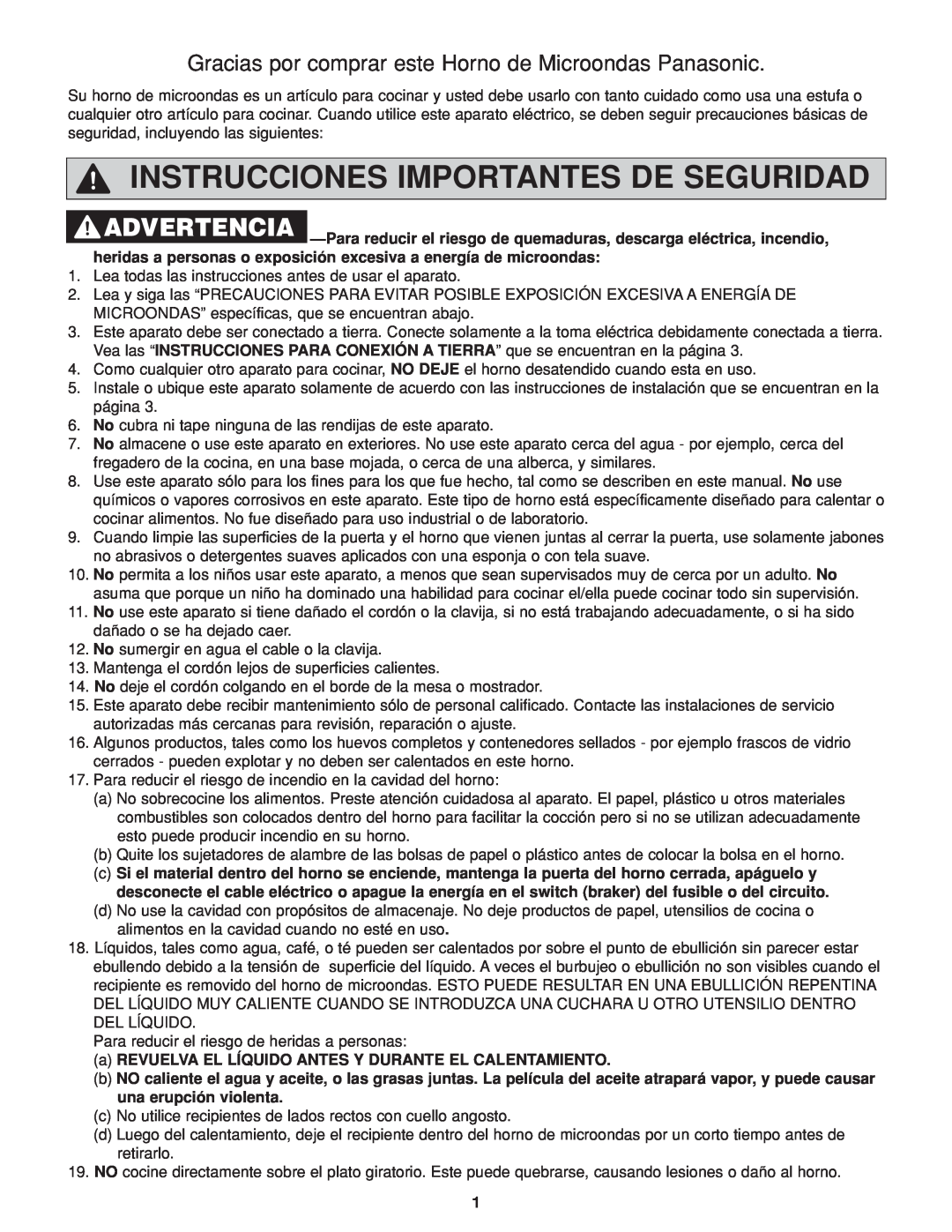 Panasonic NN-H264 important safety instructions Instrucciones Importantes De Seguridad 