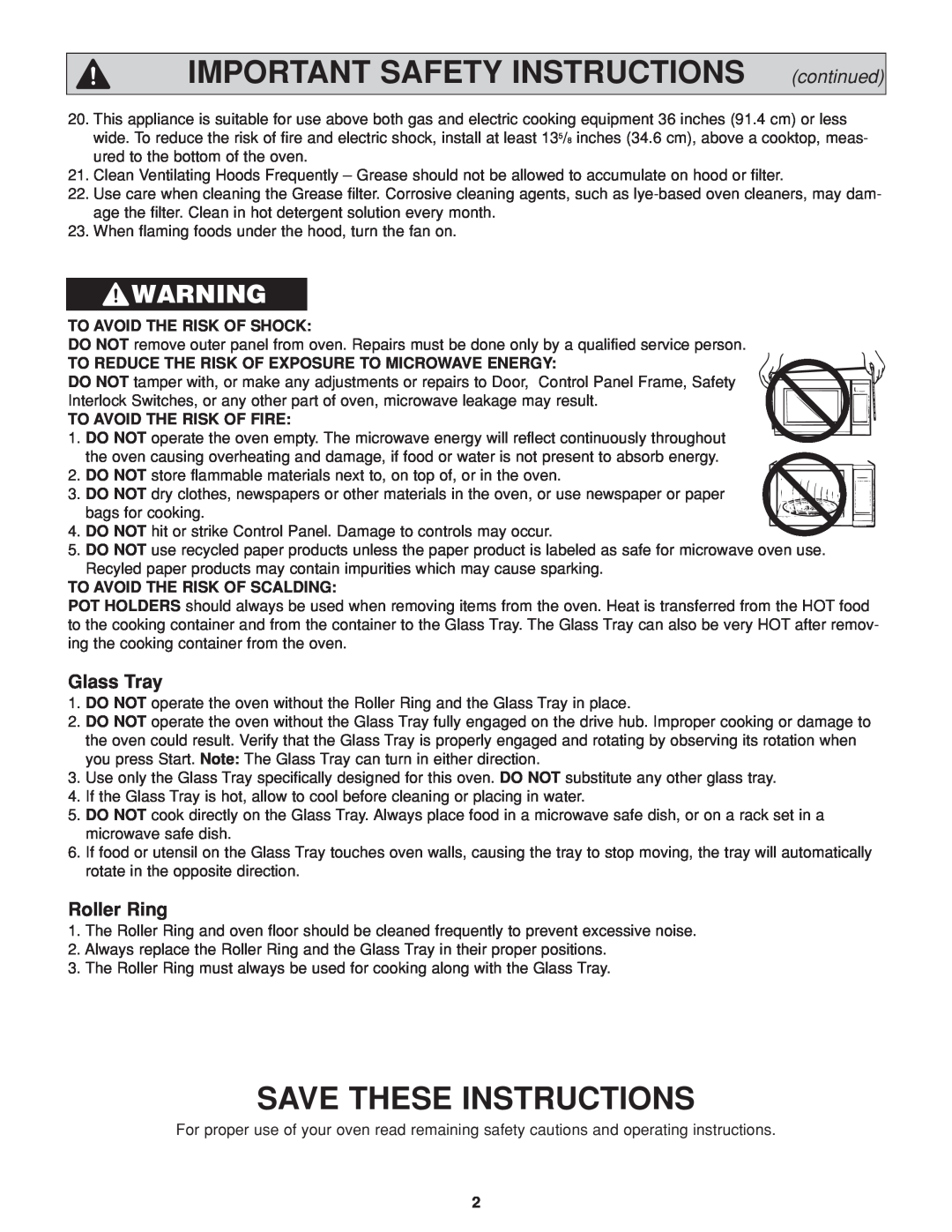 Panasonic NN-H264 IMPORTANT SAFETY INSTRUCTIONS continued, Save These Instructions, Glass Tray, Roller Ring 