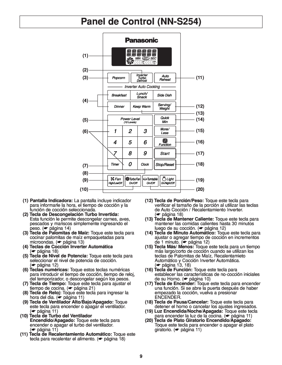 Panasonic NN-H264 important safety instructions Panel de Control NN-S254 