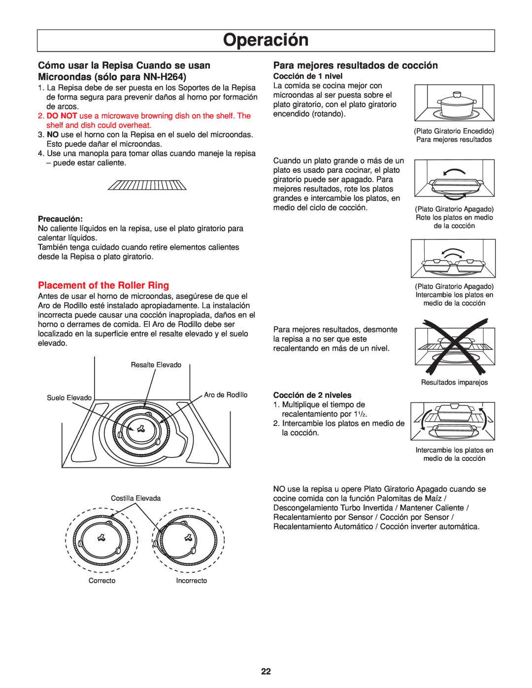 Panasonic NN-H264 important safety instructions Operación, Para mejores resultados de cocción, Placement of the Roller Ring 