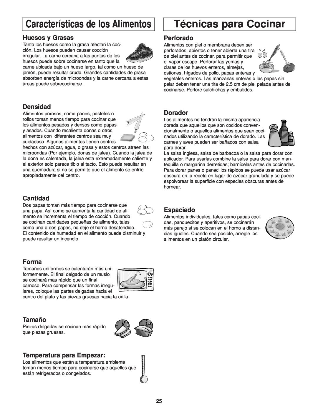 Panasonic NN-H264 Técnicas para Cocinar, Características de los Alimentos, Huesos y Grasas, Perforado, Densidad, Cantidad 