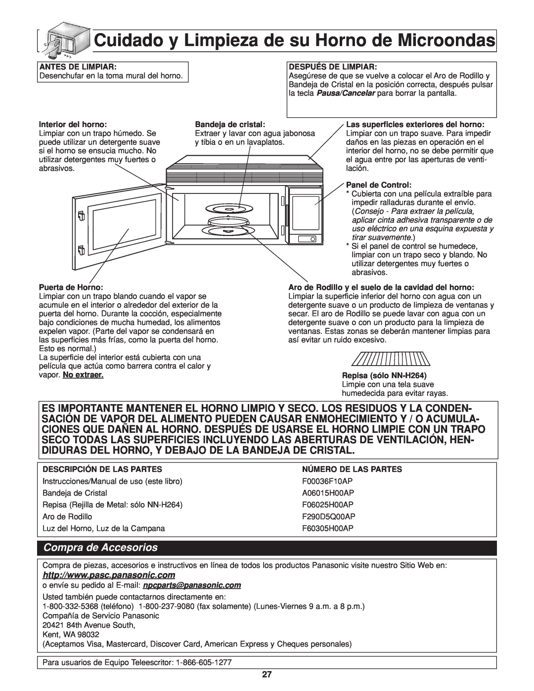 Panasonic NN-H264 important safety instructions Cuidado y Limpieza de su Horno de Microondas, Compra de Accesorios 