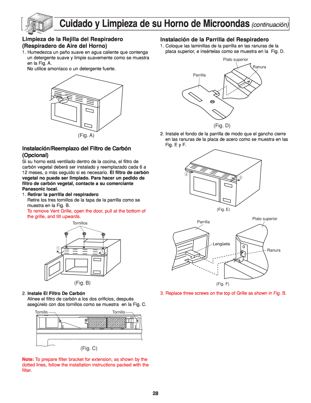 Panasonic NN-H264 important safety instructions Instalación de la Parrilla del Respiradero 