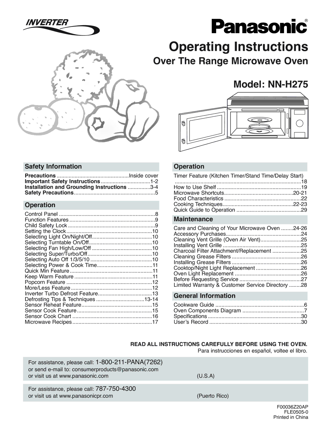 Panasonic NN-H275 operating instructions Safety Information, Operation, Maintenance, General Information 