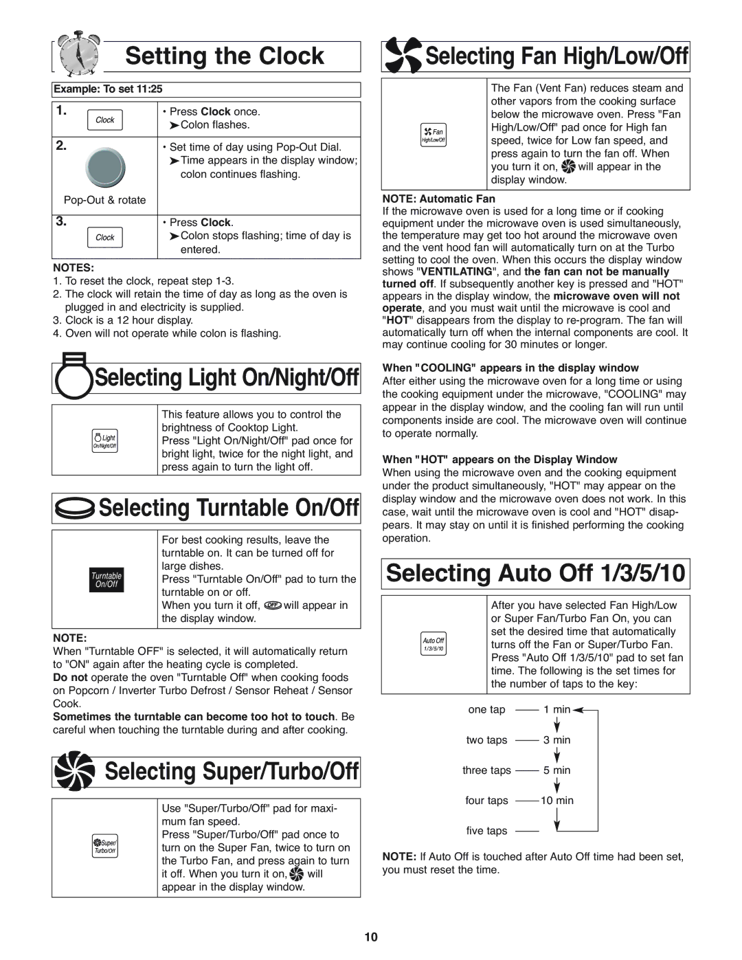 Panasonic NN-H275 Setting the Clock, Selecting Auto Off 1/3/5/10, Example To set, When HOT appears on the Display Window 