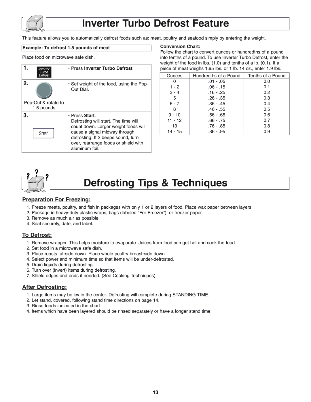 Panasonic NN-H275 Inverter Turbo Defrost Feature, Defrosting Tips & Techniques, Preparation For Freezing, To Defrost 