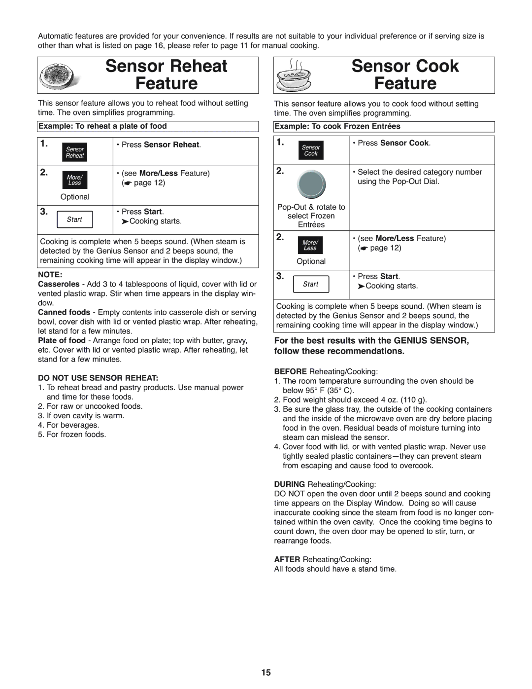 Panasonic NN-H275 Sensor Reheat Feature, Sensor Cook Feature, Example To reheat a plate of food Press Sensor Reheat 