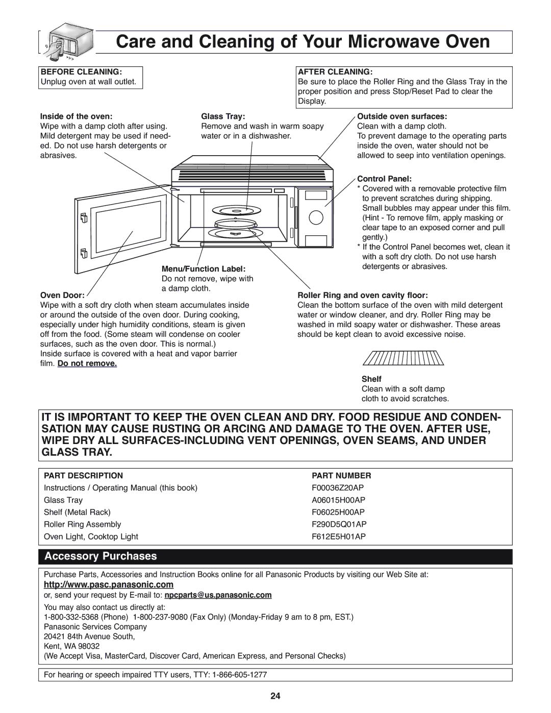 Panasonic NN-H275 Care and Cleaning of Your Microwave Oven, After Cleaning, Part Description Part Number 