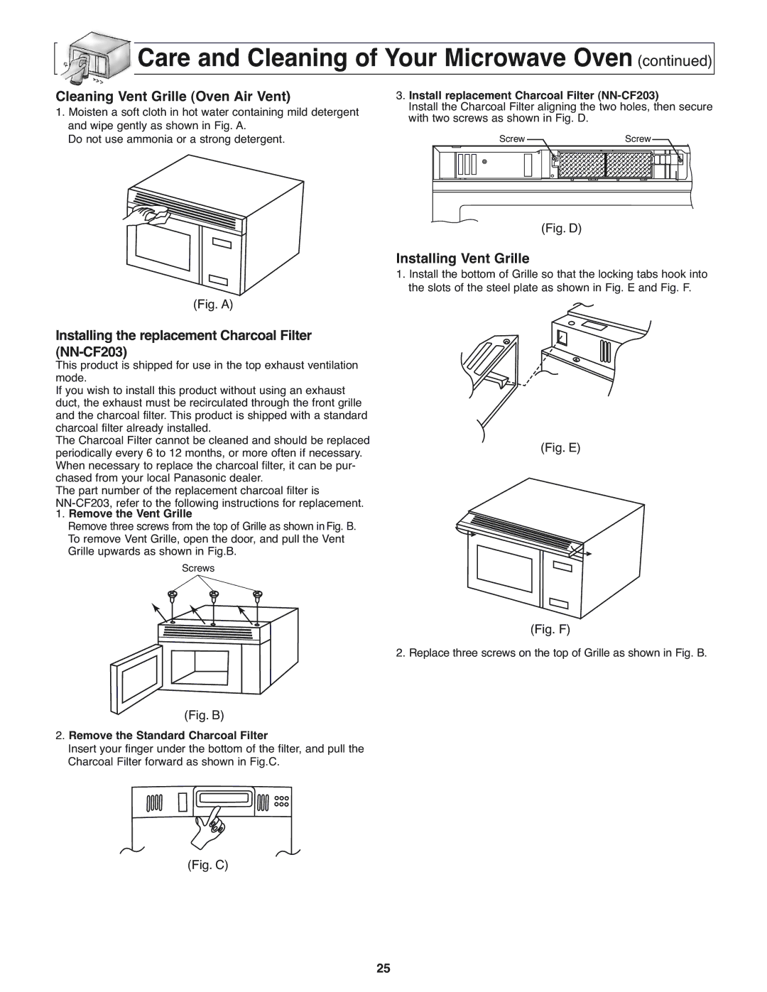 Panasonic NN-H275 Cleaning Vent Grille Oven Air Vent, Installing the replacement Charcoal Filter NN-CF203 