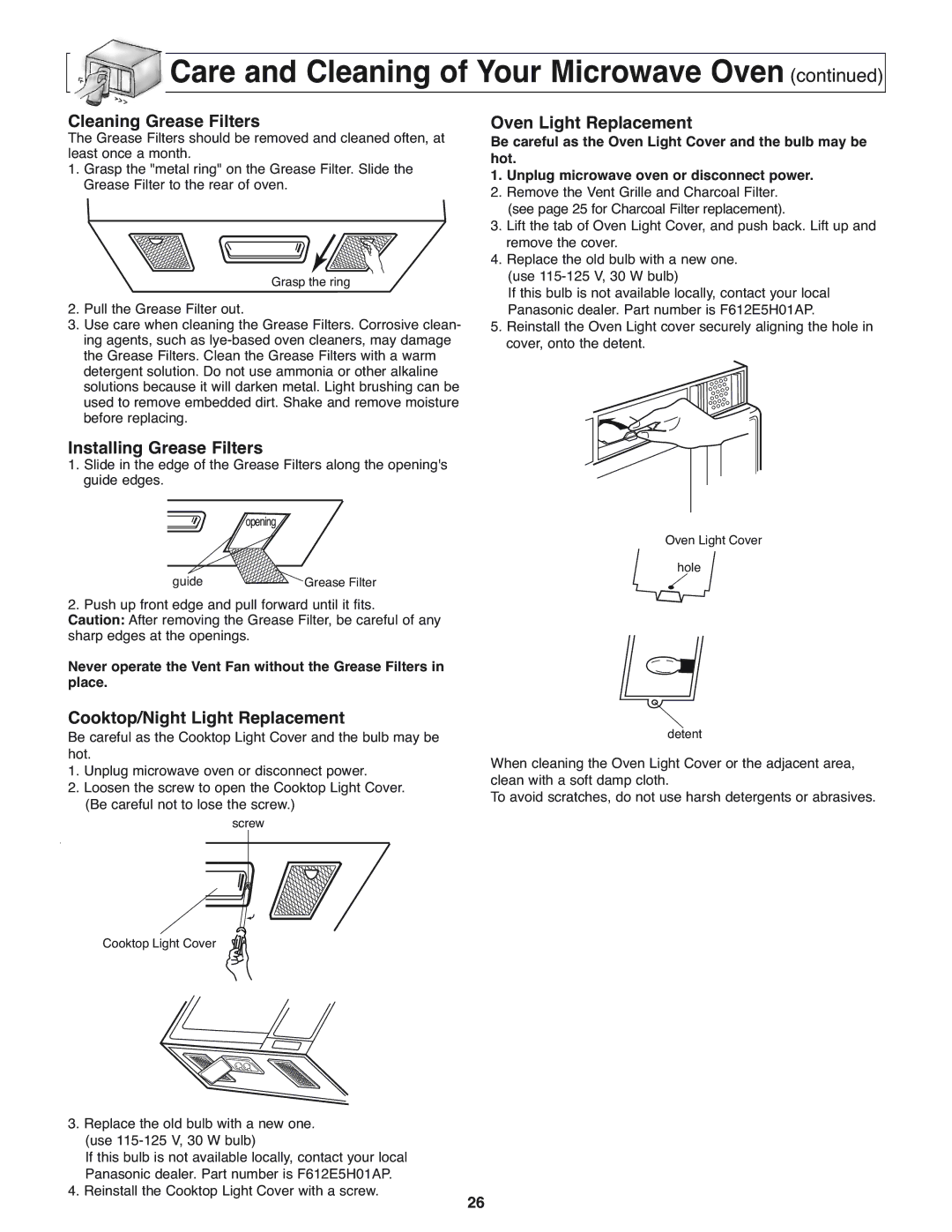 Panasonic NN-H275 Cleaning Grease Filters, Installing Grease Filters, Cooktop/Night Light Replacement 