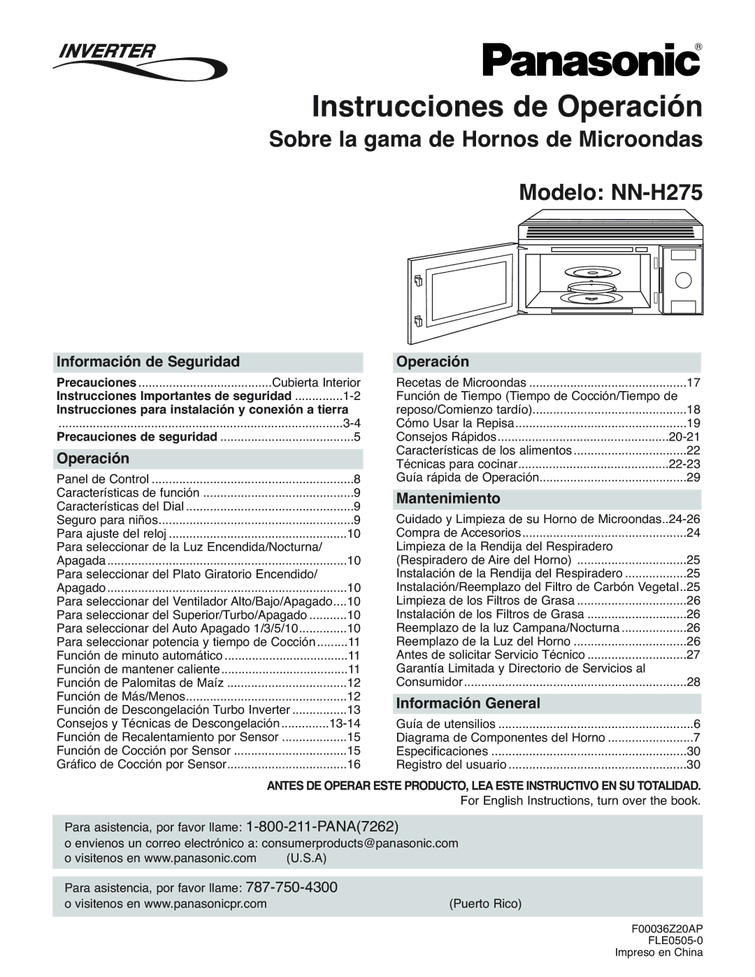 Panasonic NN-H275 operating instructions Información de Seguridad, Operación, Mantenimiento, Información General 