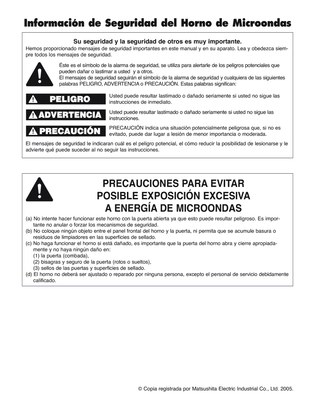 Panasonic NN-H275 Información de Seguridad del Horno de Microondas, Su seguridad y la seguridad de otros es muy importante 