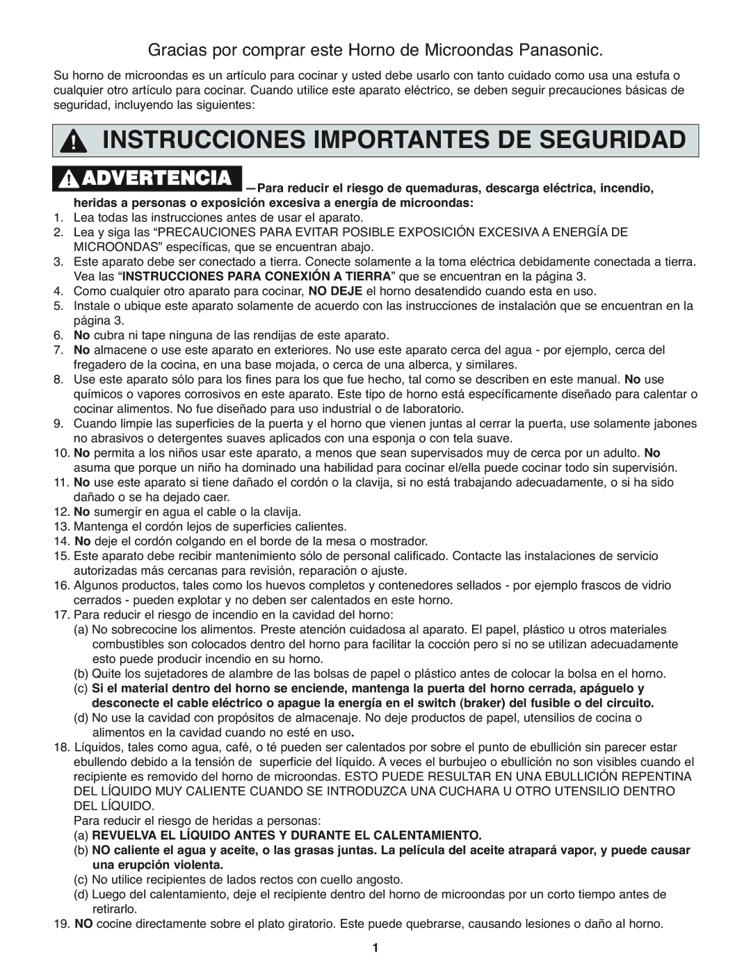 Panasonic NN-H275 operating instructions Instrucciones Importantes DE Seguridad 