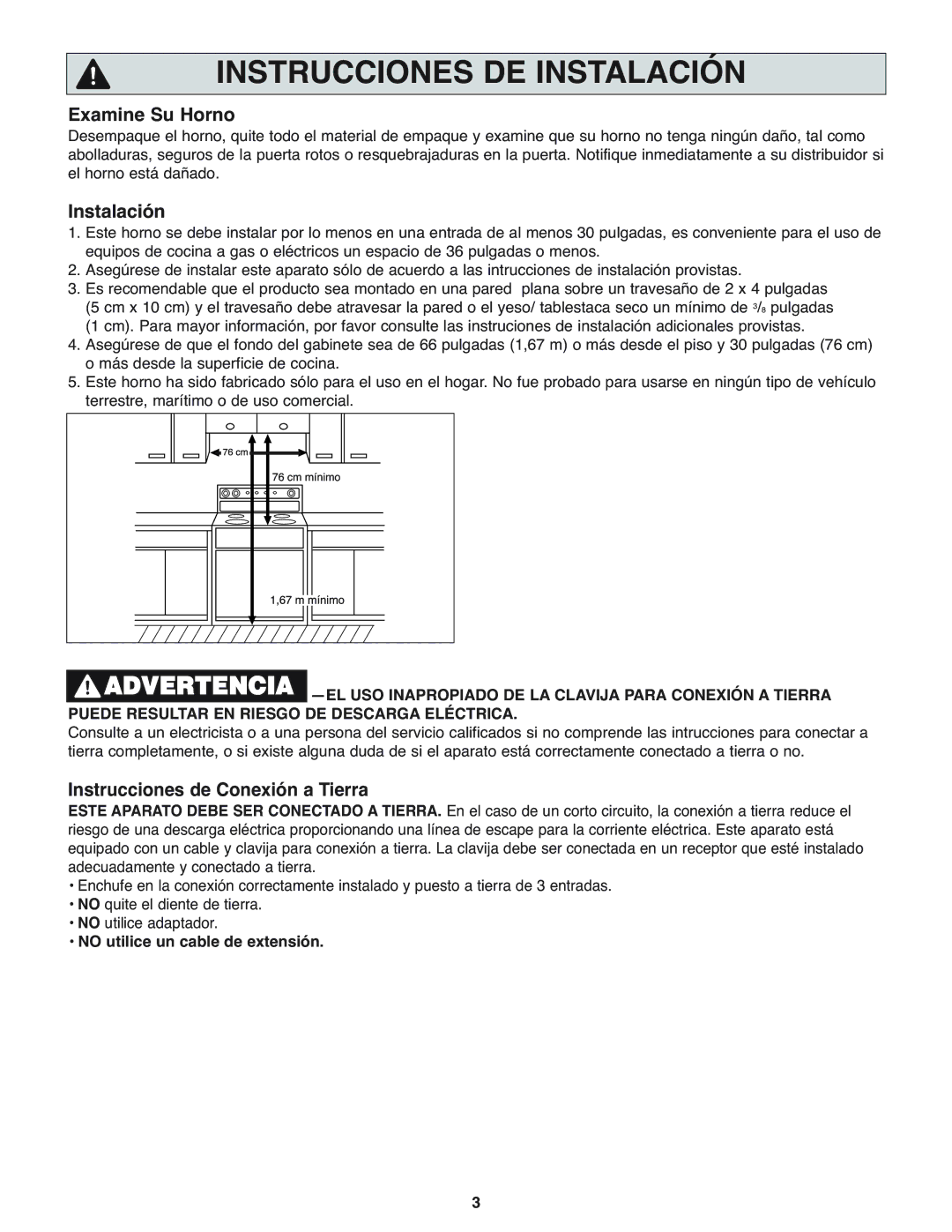 Panasonic NN-H275 Examine Su Horno, Instalación, Instrucciones de Conexión a Tierra, No utilice un cable de extensión 