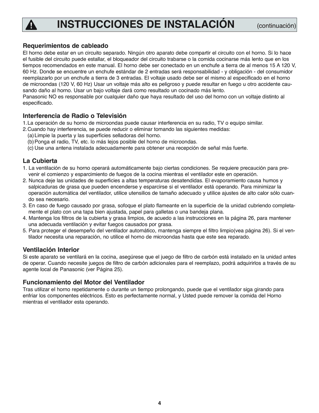 Panasonic NN-H275 Requerimientos de cableado, Interferencia de Radio o Televisión, La Cubierta, Ventilación Interior 