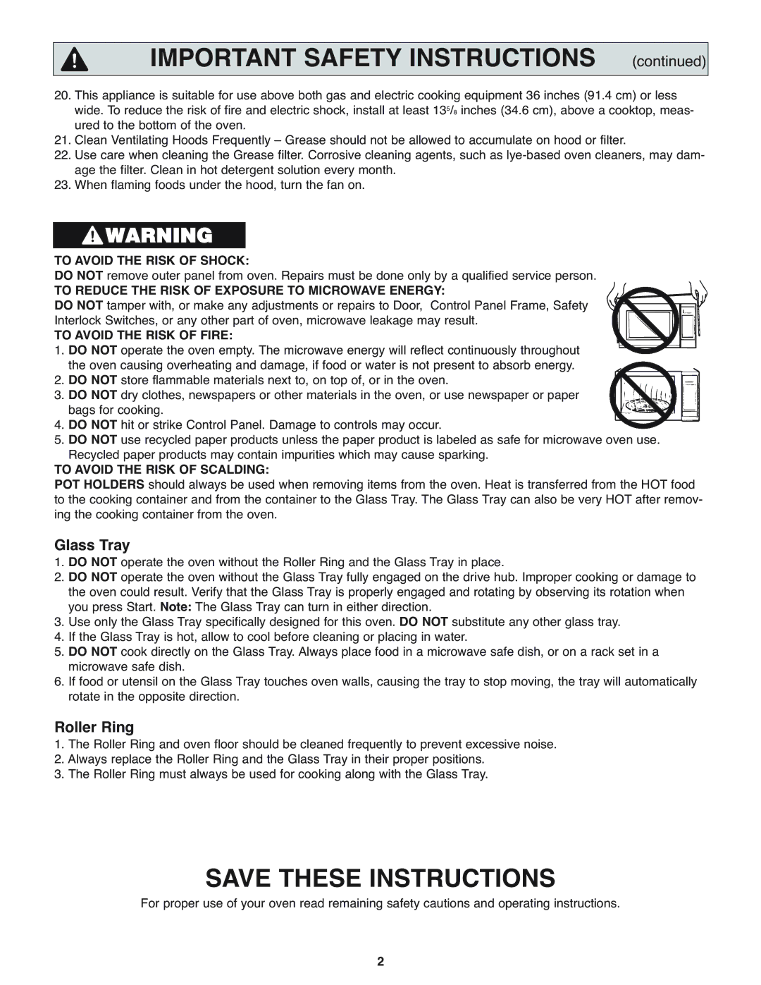 Panasonic NN-H275 operating instructions Important Safety Instructions, Glass Tray, Roller Ring 