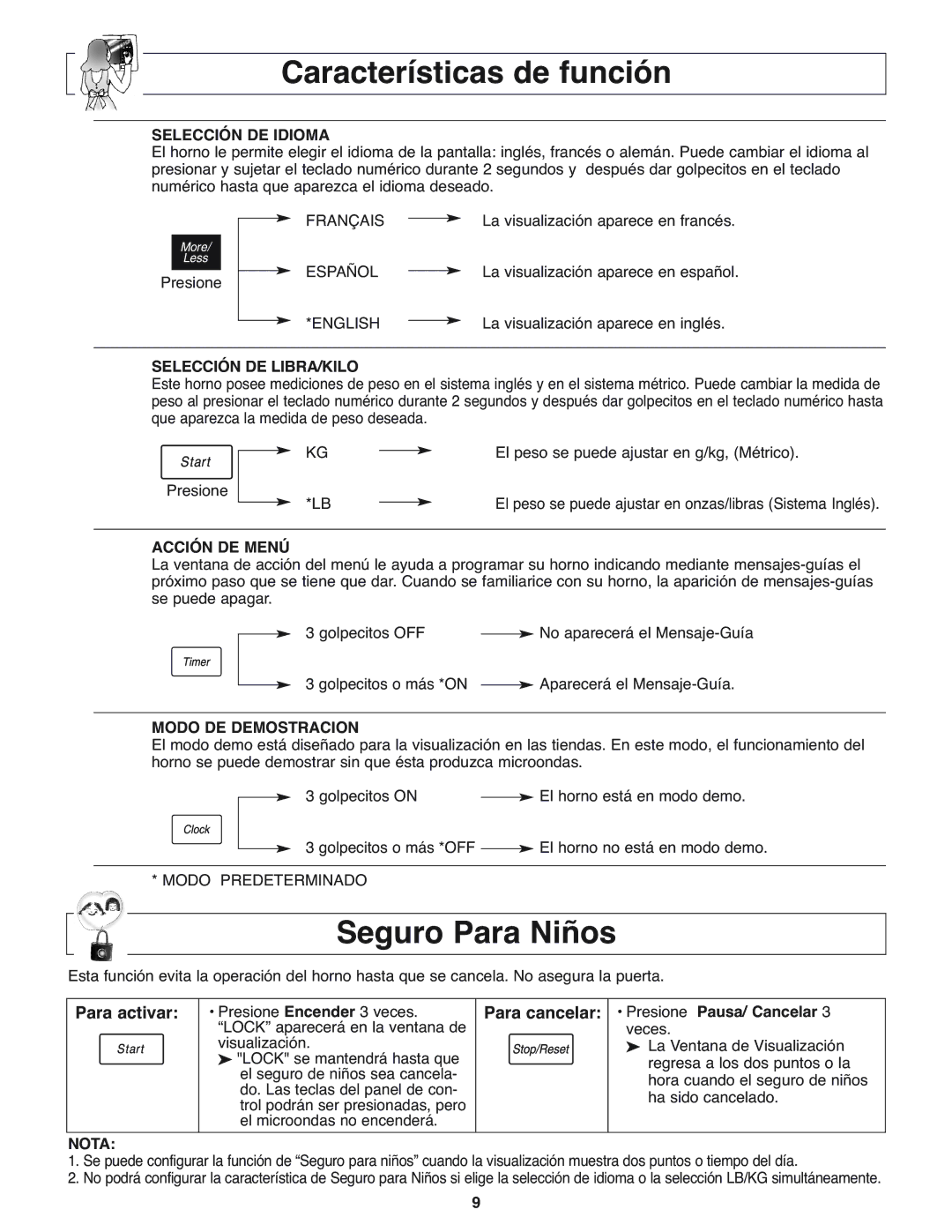 Panasonic NN-H275 operating instructions Características de función, Seguro Para Niños, Para activar, Para cancelar 