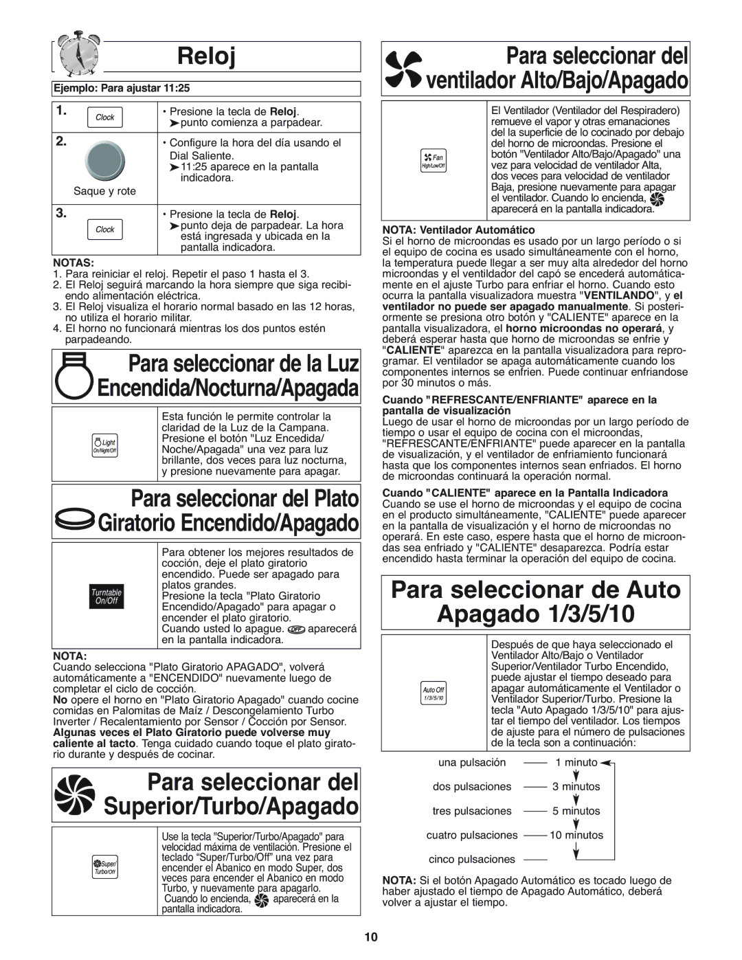 Panasonic NN-H275 operating instructions Reloj, Para seleccionar de Auto Apagado 1/3/5/10, Notas 