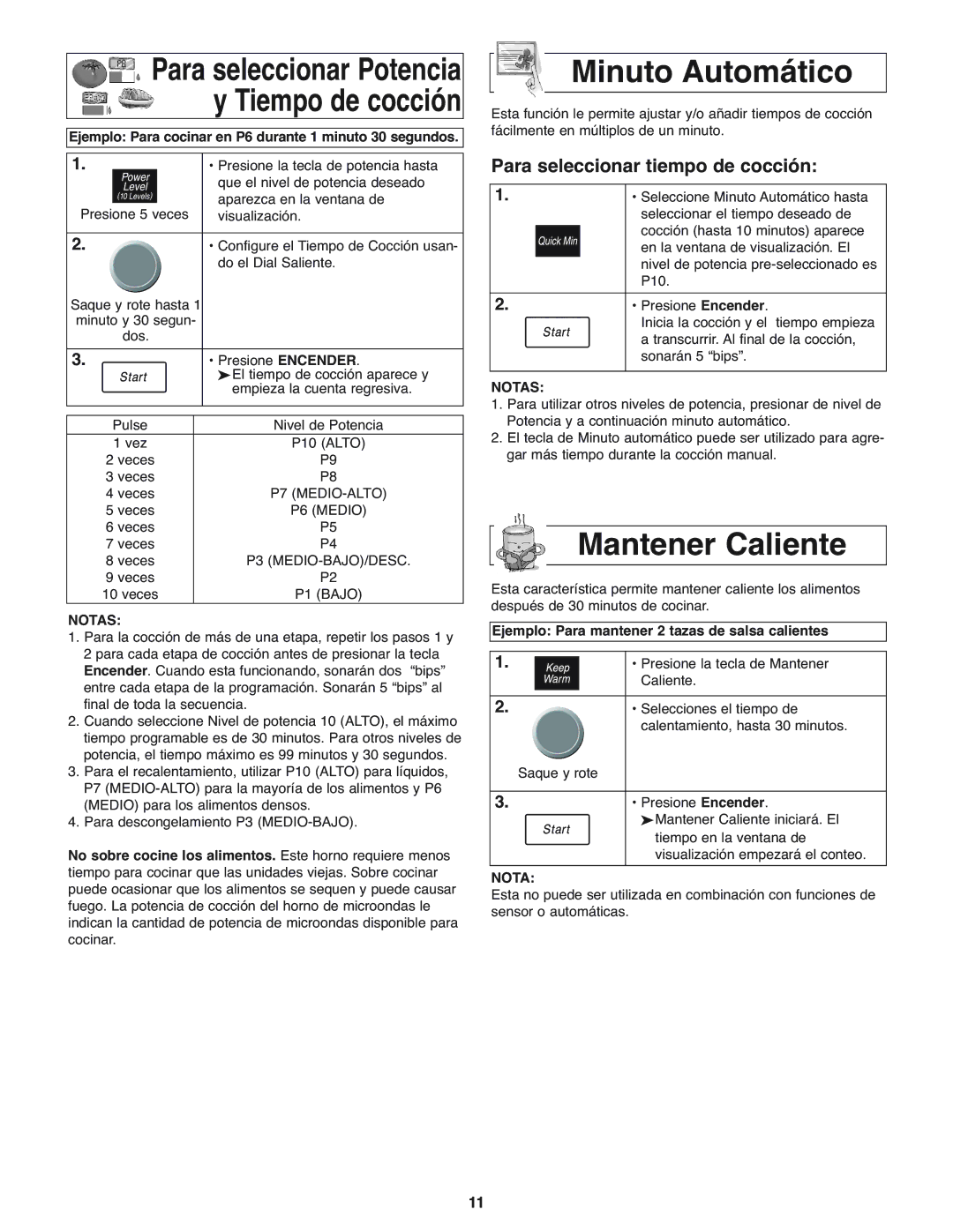 Panasonic NN-H275 operating instructions Minuto Automático, Mantener Caliente, Para seleccionar tiempo de cocción 